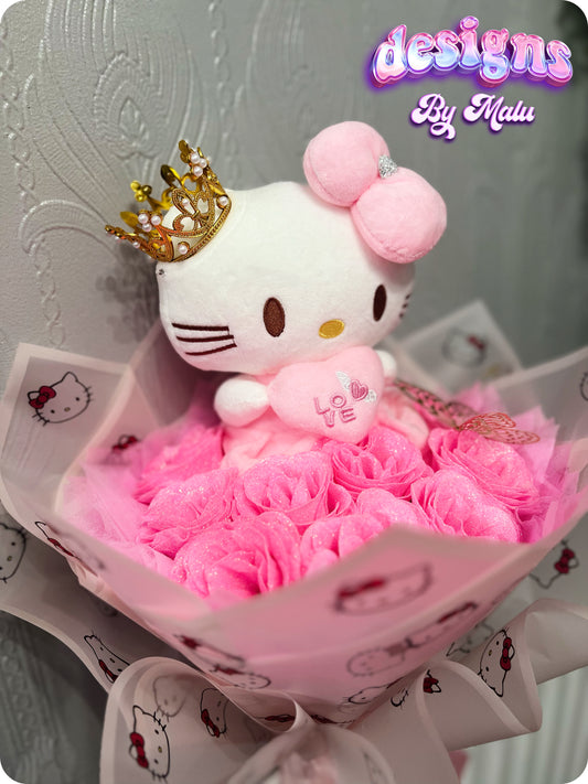 Valentine's Day Hello Kitty Pink Glitter (ARTIFICIAL) Rose Bouquet with Gold Crown and Hello Kitty Wrapping 👑💐