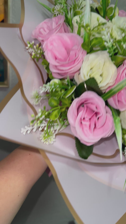 Elegant Pink & Cream Artificial Flower Bouquet in Gift Box with led light