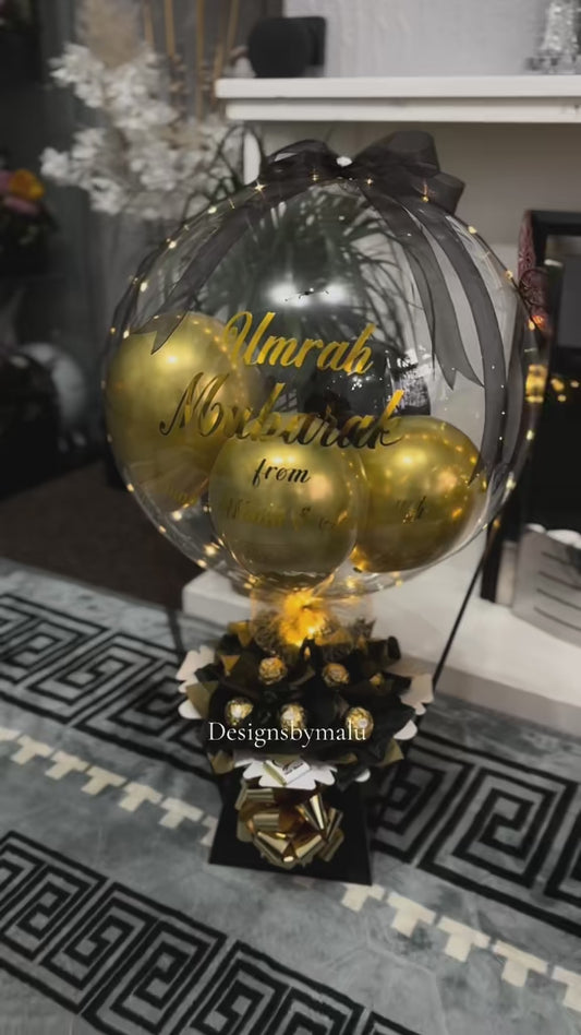 Umrah Mubarak Balloon Gift | Personalized Bubble Balloon with Lights & Chocolates | Islamic Celebration Gift | Luxury Umrah Decoration