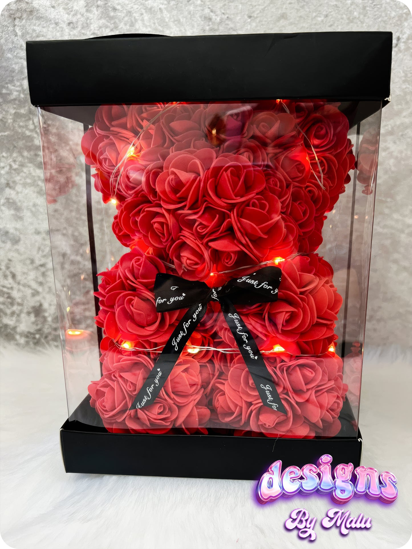 Personalised Valentine's Day Handmade Forever Rose Bear with Gift Box & Fairy Lights, Valentine's Gift for Her