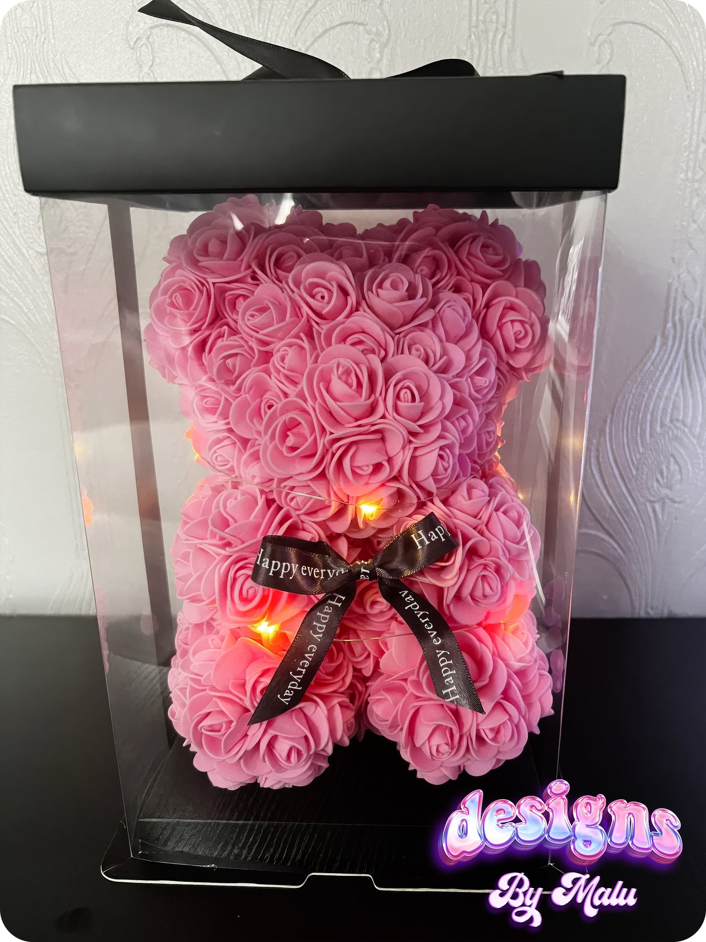 Personalised Valentine's Day Handmade Forever Rose Bear with Gift Box & Fairy Lights, Valentine's Gift for Her